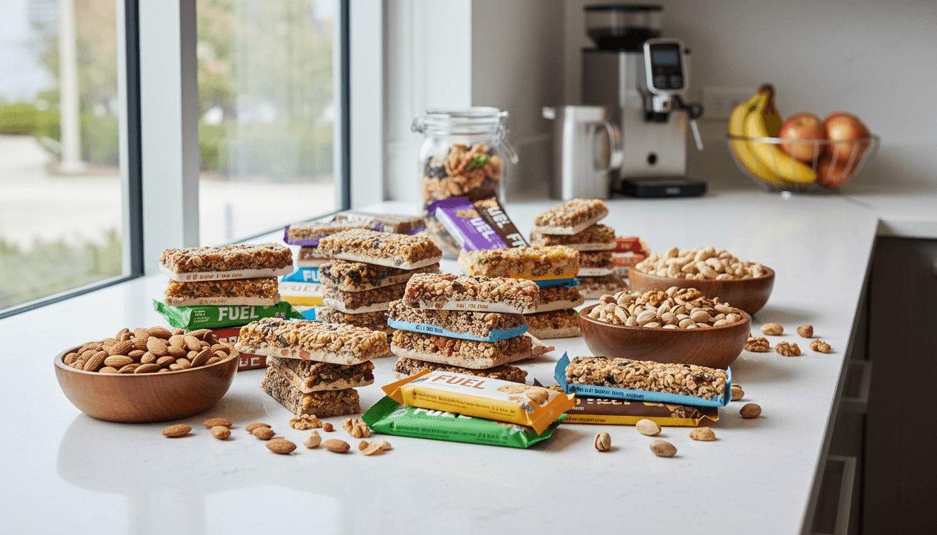 Assorted healthy snack bars and nuts on a break room counter