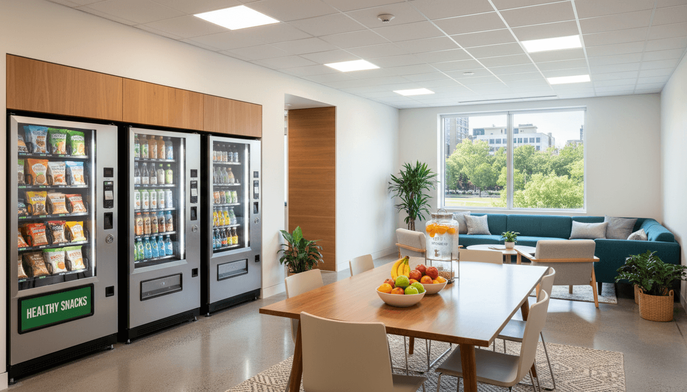 Modern office break room with a vending machine stocked with healthy snacks