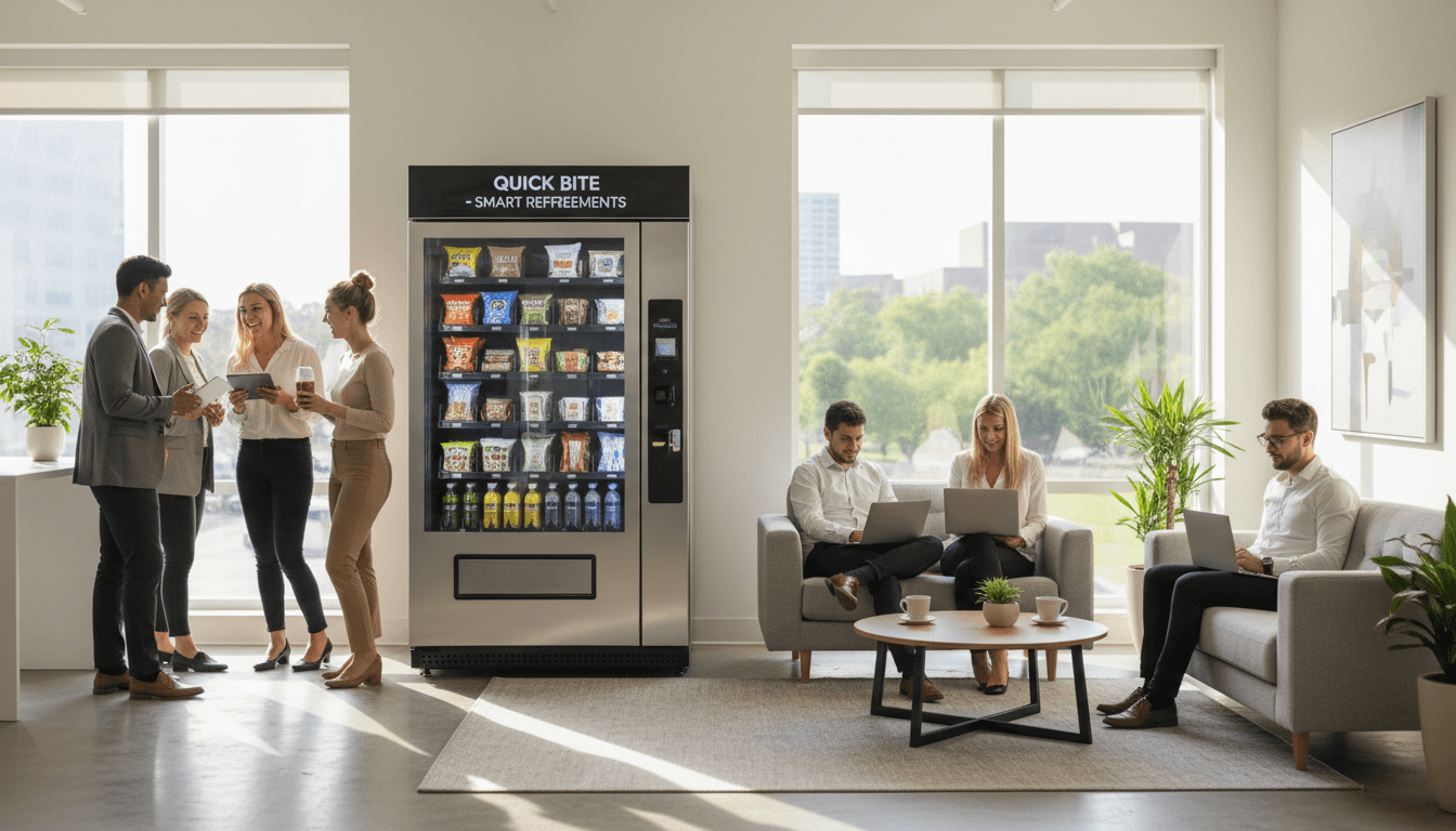 Warehouse worker taking a break in a modern break room with a vending machine and healthy snacks